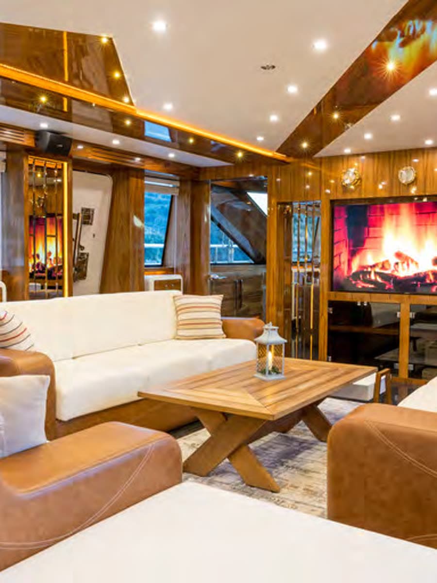 The saloon — rich timber, pale seating, and a fireplace screen