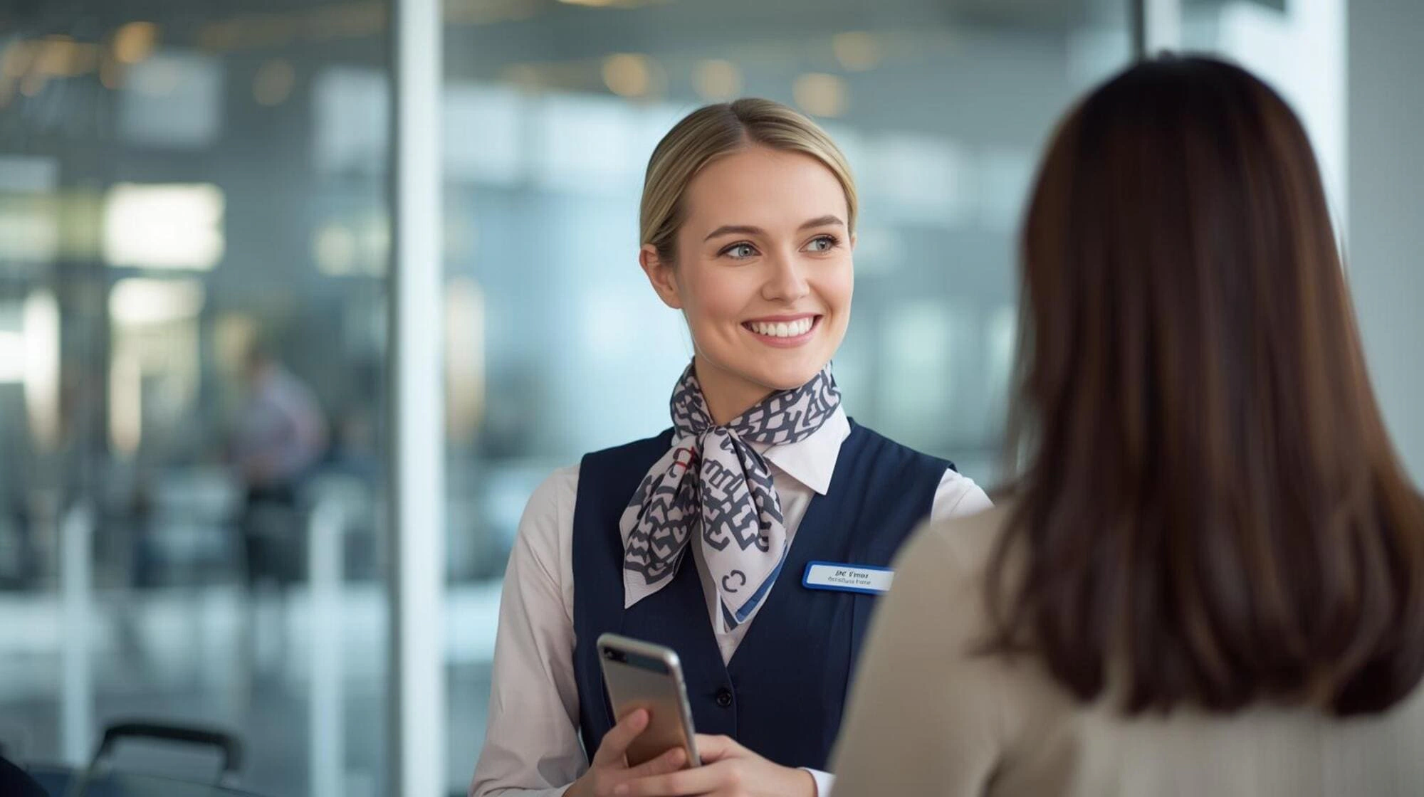 A uniformed airport hostess assisting a traveller in the terminal