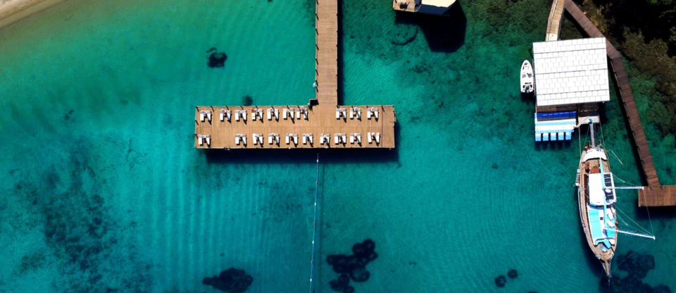 Sun loungers and cabanas at a Bodrum beach club