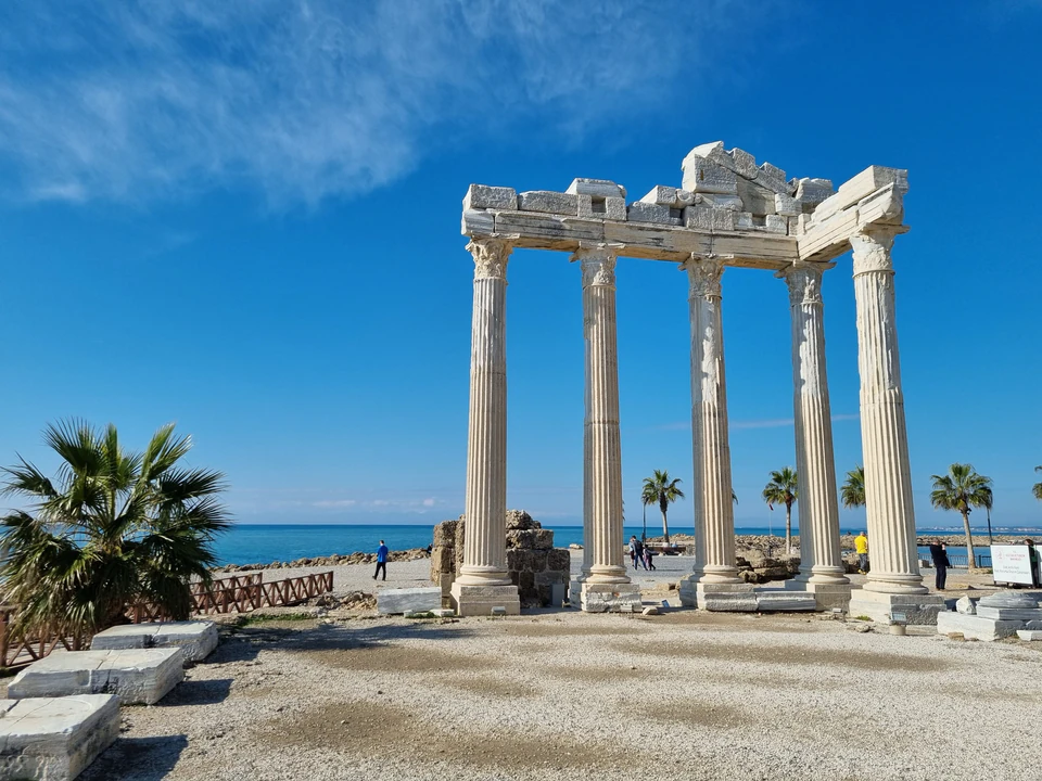 The white marble columns of the Temple of Apollo at Side, standing against the sea