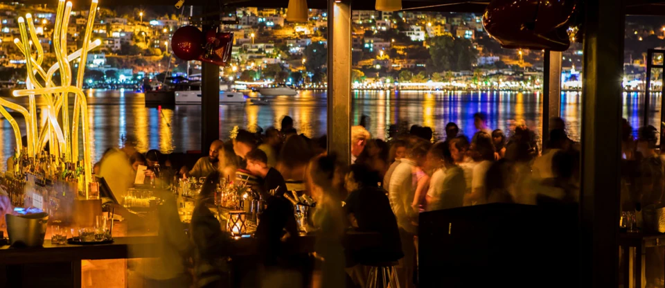 Bodrum's waterfront bars glowing at night