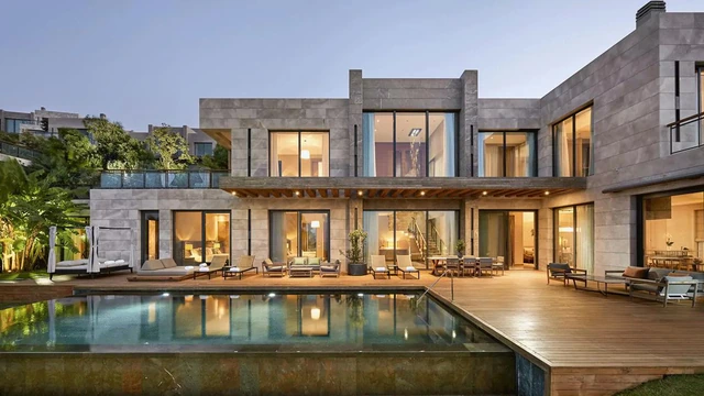 A private pool and softly illuminated terrace at a contemporary villa in Bodrum